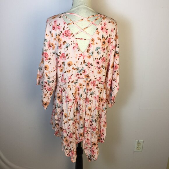 Torrid Blouse Tunic Top 2X Womans Plus Pink Floral Criss Cross Back Drawstring - Picture 3 of 15